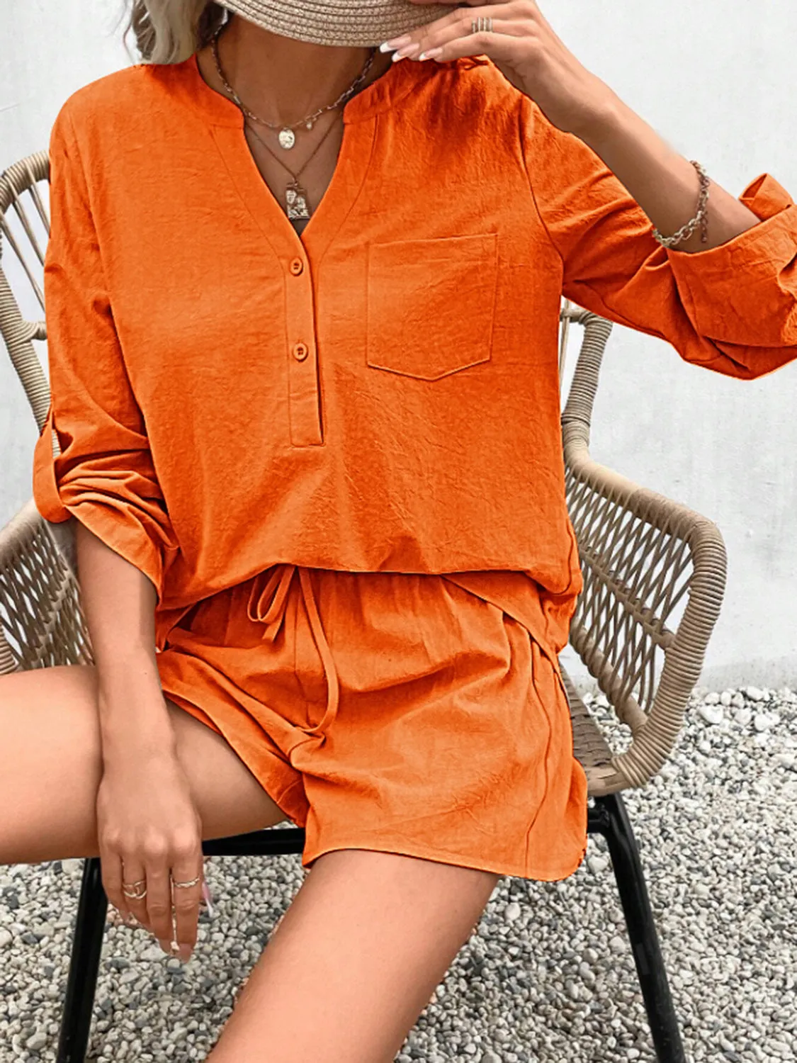 Winifred Notched Long Sleeve Top and Shorts Set