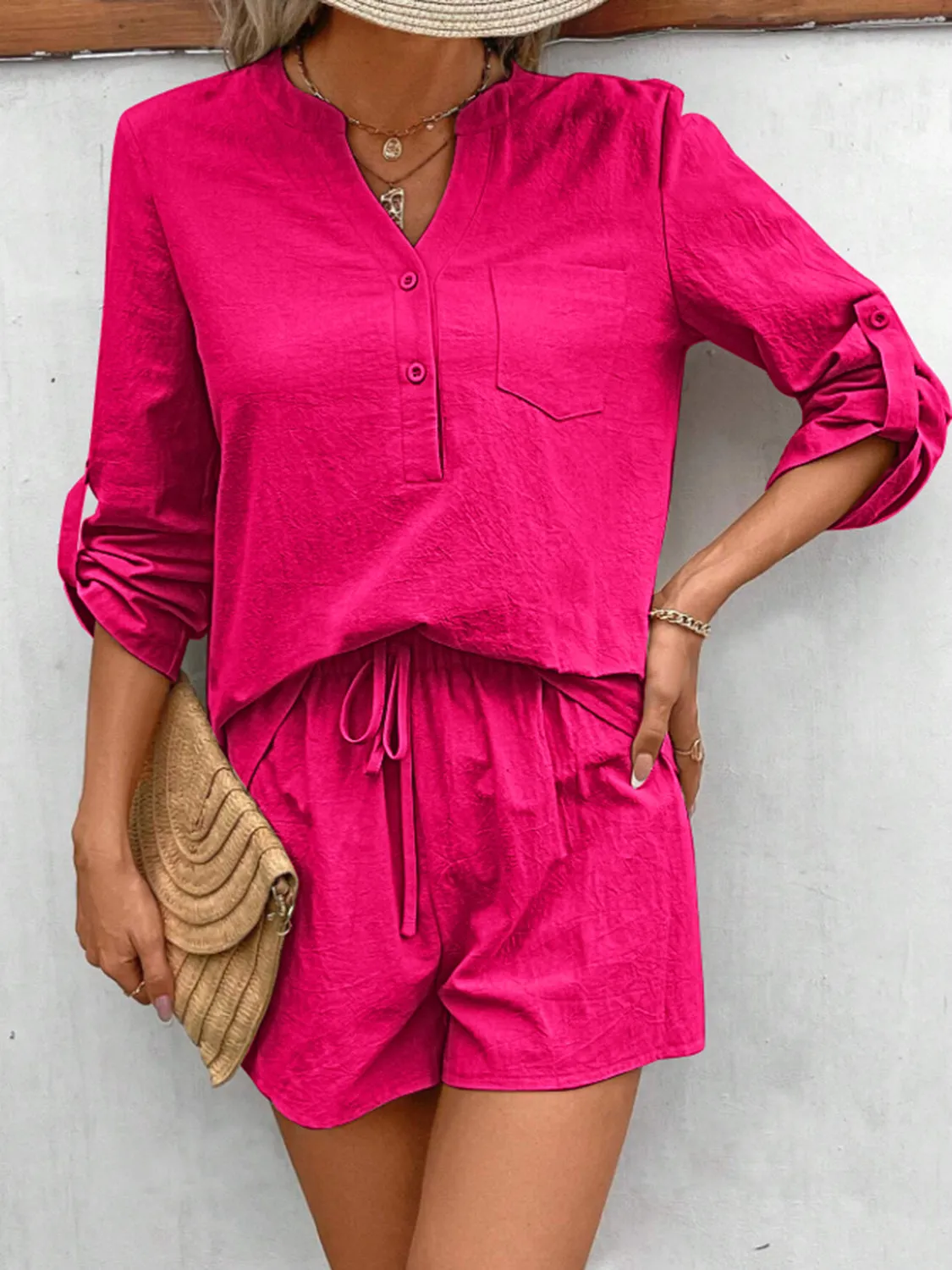 Winifred Notched Long Sleeve Top and Shorts Set