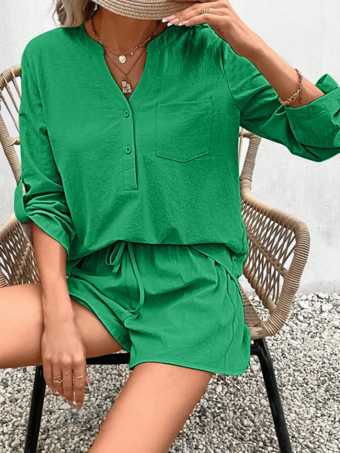 Winifred Notched Long Sleeve Top and Shorts Set