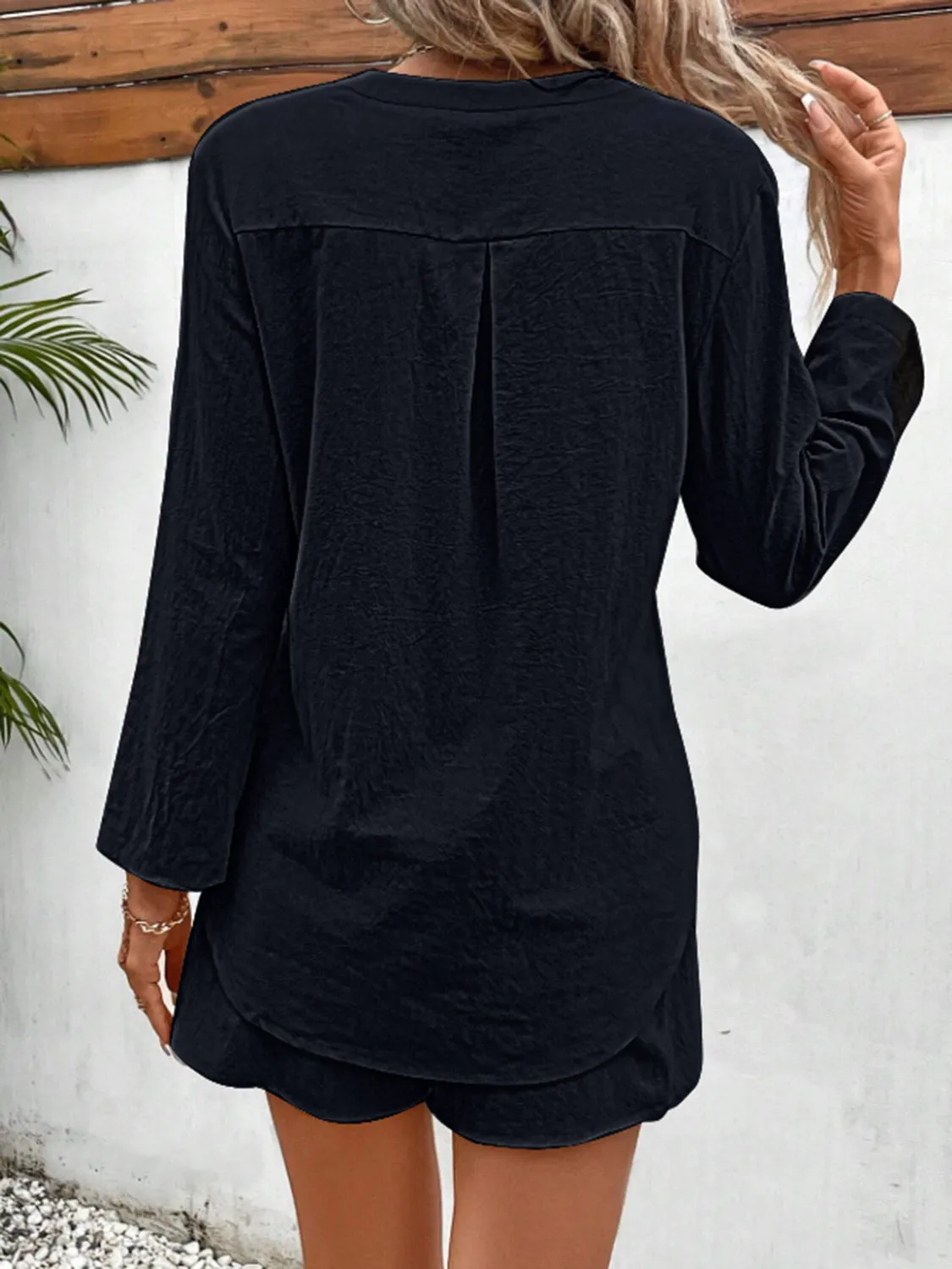 Winifred Notched Long Sleeve Top and Shorts Set