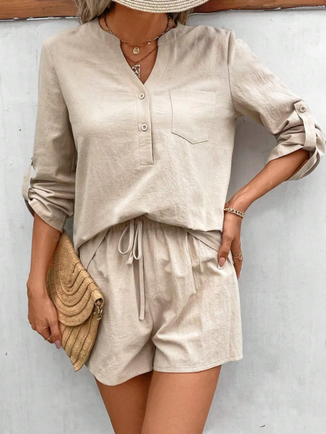 Winifred Notched Long Sleeve Top and Shorts Set