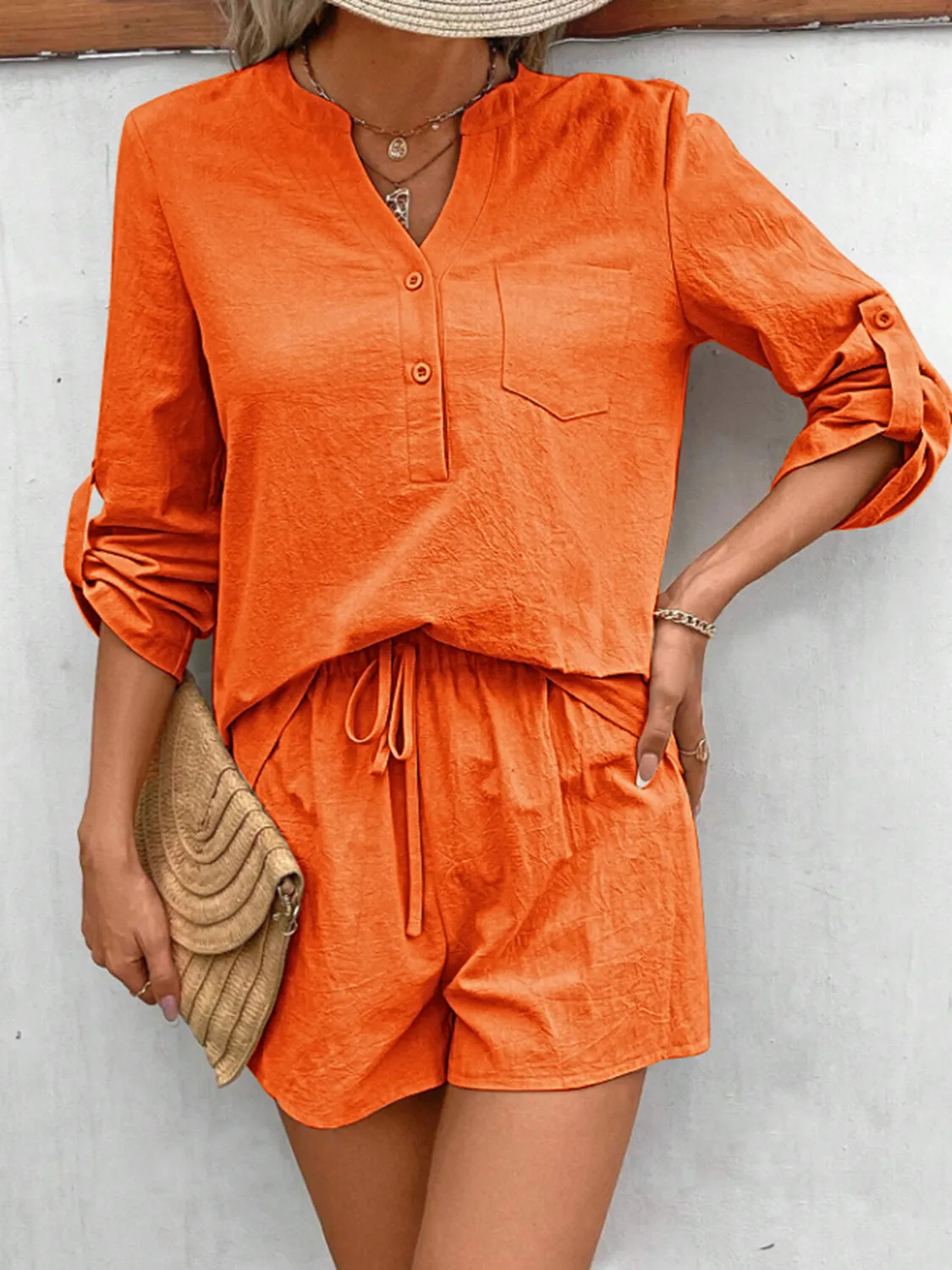 Winifred Notched Long Sleeve Top and Shorts Set