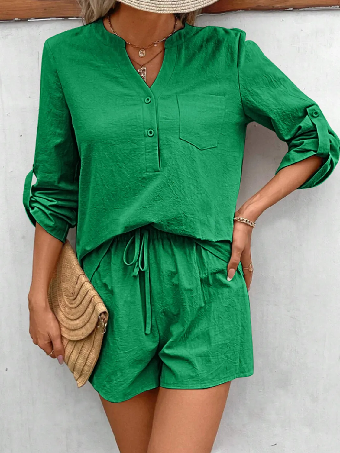 Winifred Notched Long Sleeve Top and Shorts Set