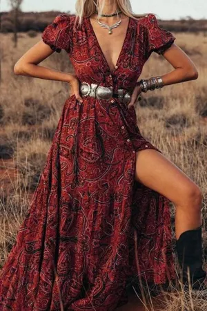 Wisherryy Printed V-Neck Short Sleeve Bohemian Resort Maxi Dress(3 Colors)