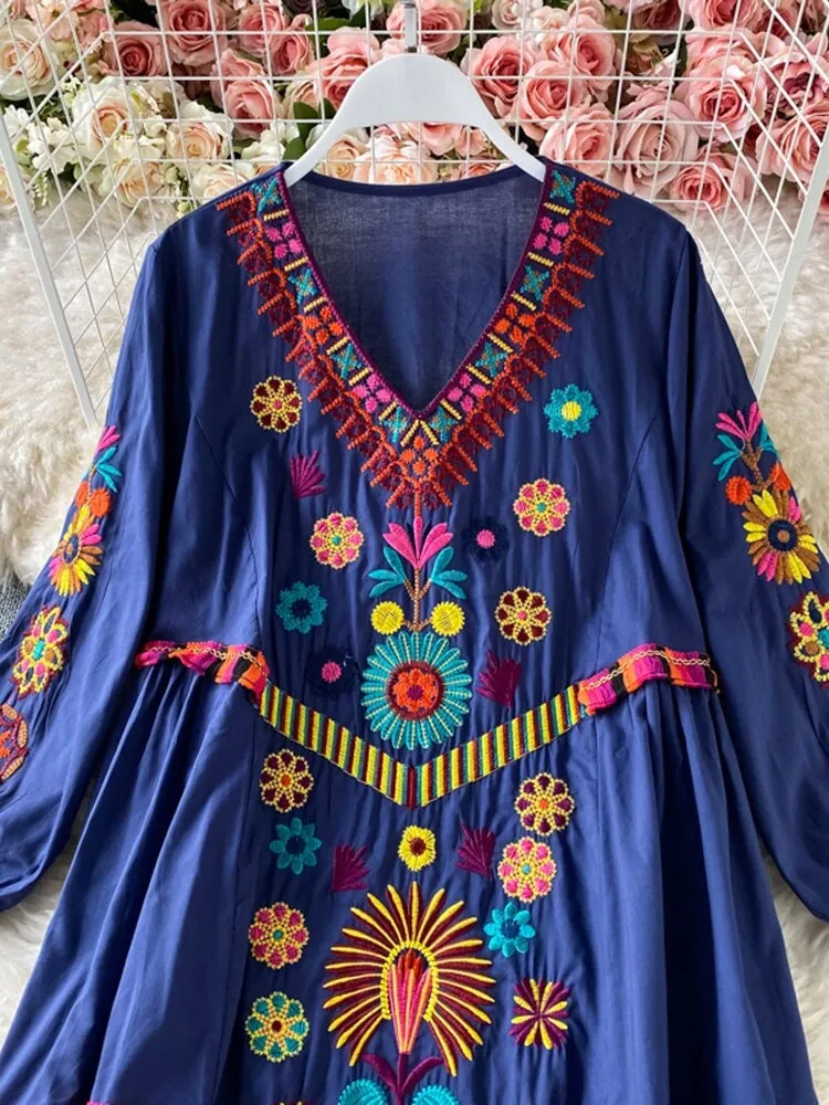 Women Bohemian Embroidered V-Neck Dress