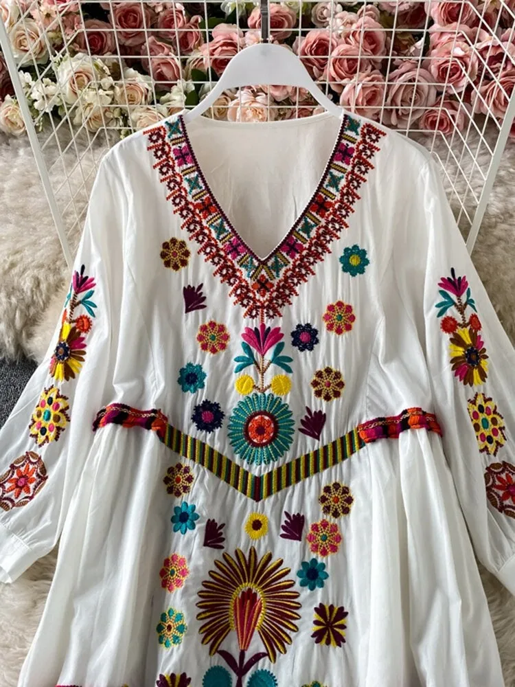 Women Bohemian Embroidered V-Neck Dress