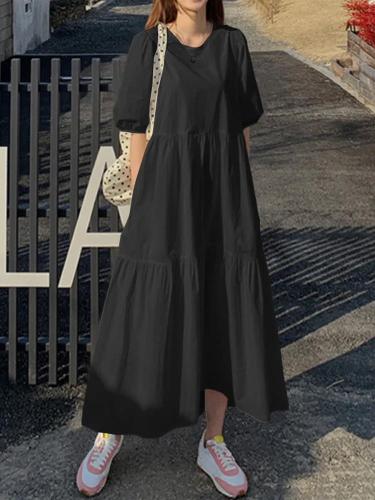 Women Cotton Solid Color Puff Sleeve Pleated Simple Maxi Dresses With Pocket