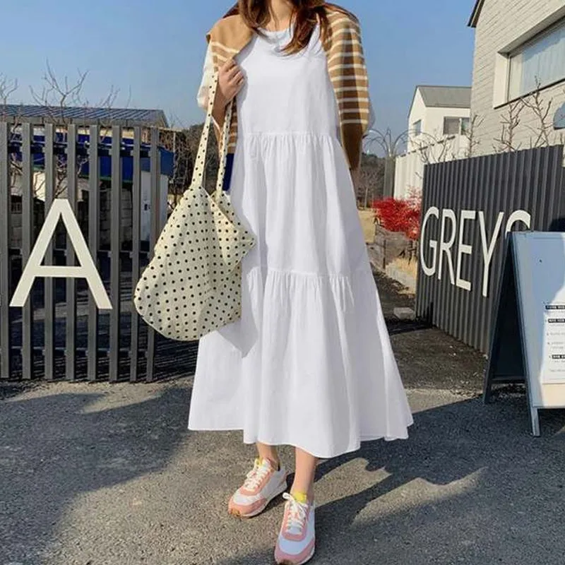 Women Cotton Solid Color Puff Sleeve Pleated Simple Maxi Dresses With Pocket