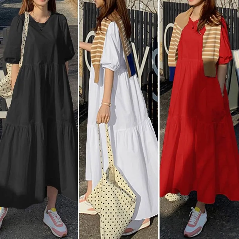 Women Cotton Solid Color Puff Sleeve Pleated Simple Maxi Dresses With Pocket