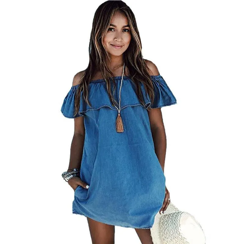 Women dress Loose Off the shoulder Jeans Dresses Summer Casual Sleeveless ladies elegant Denim Dresses