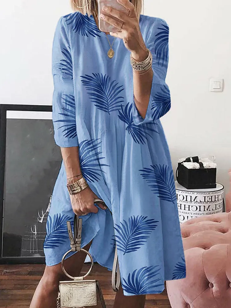 Women Floral Plant Print Long Sleeve Beach Holiday Loose Dress