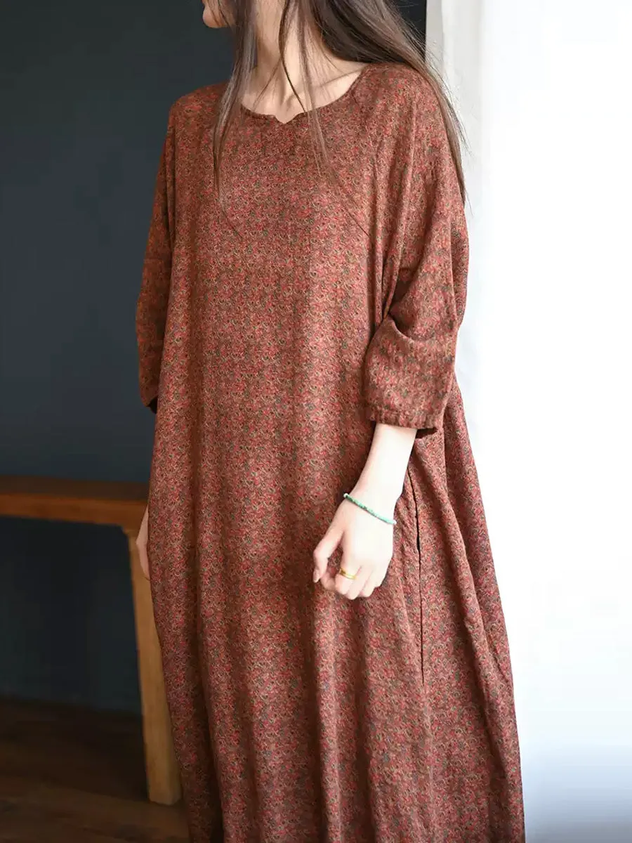 Women Summer Floral O-Neck 100%Cotton Loose Dress