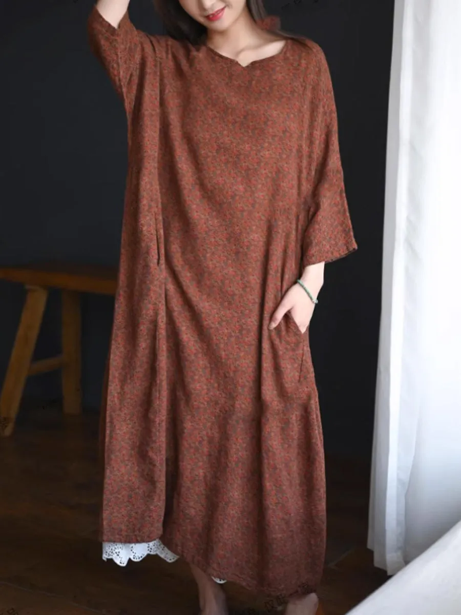 Women Summer Floral O-Neck 100%Cotton Loose Dress