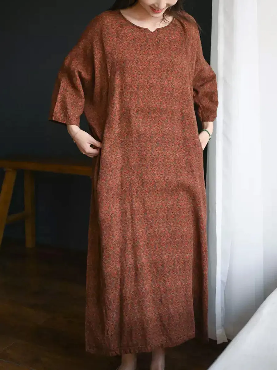 Women Summer Floral O-Neck 100%Cotton Loose Dress