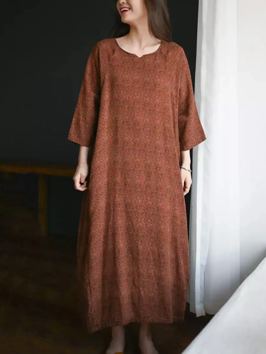 Women Summer Floral O-Neck 100%Cotton Loose Dress