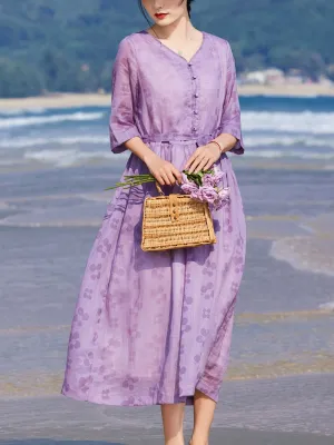 Women Summer Flower V-Neck Ramie Loose Dress