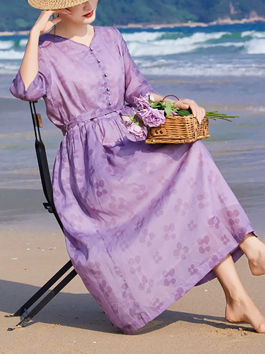 Women Summer Flower V-Neck Ramie Loose Dress