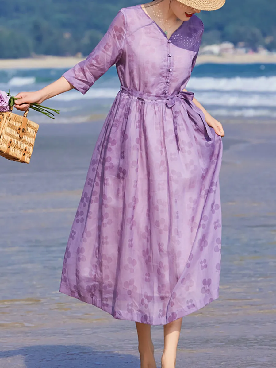 Women Summer Flower V-Neck Ramie Loose Dress