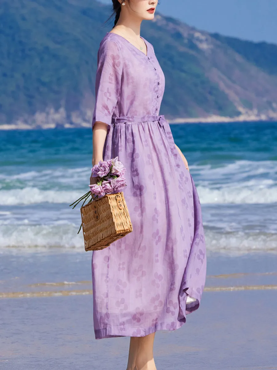 Women Summer Flower V-Neck Ramie Loose Dress