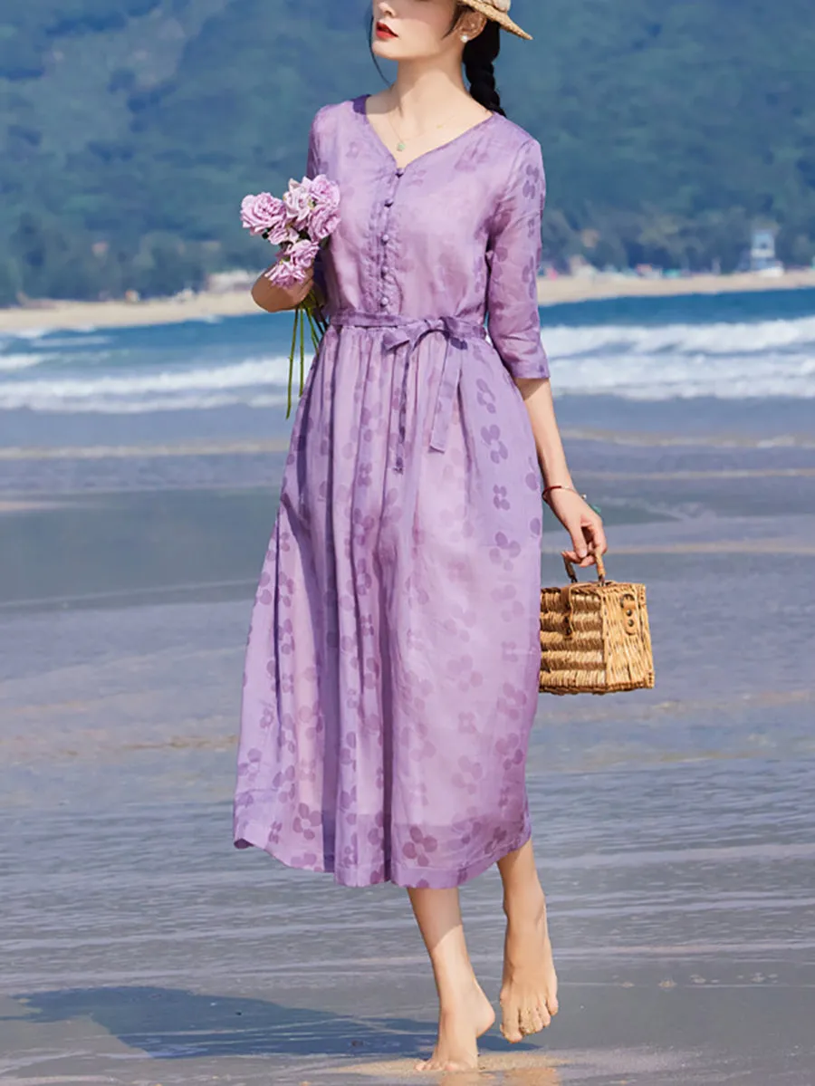 Women Summer Flower V-Neck Ramie Loose Dress