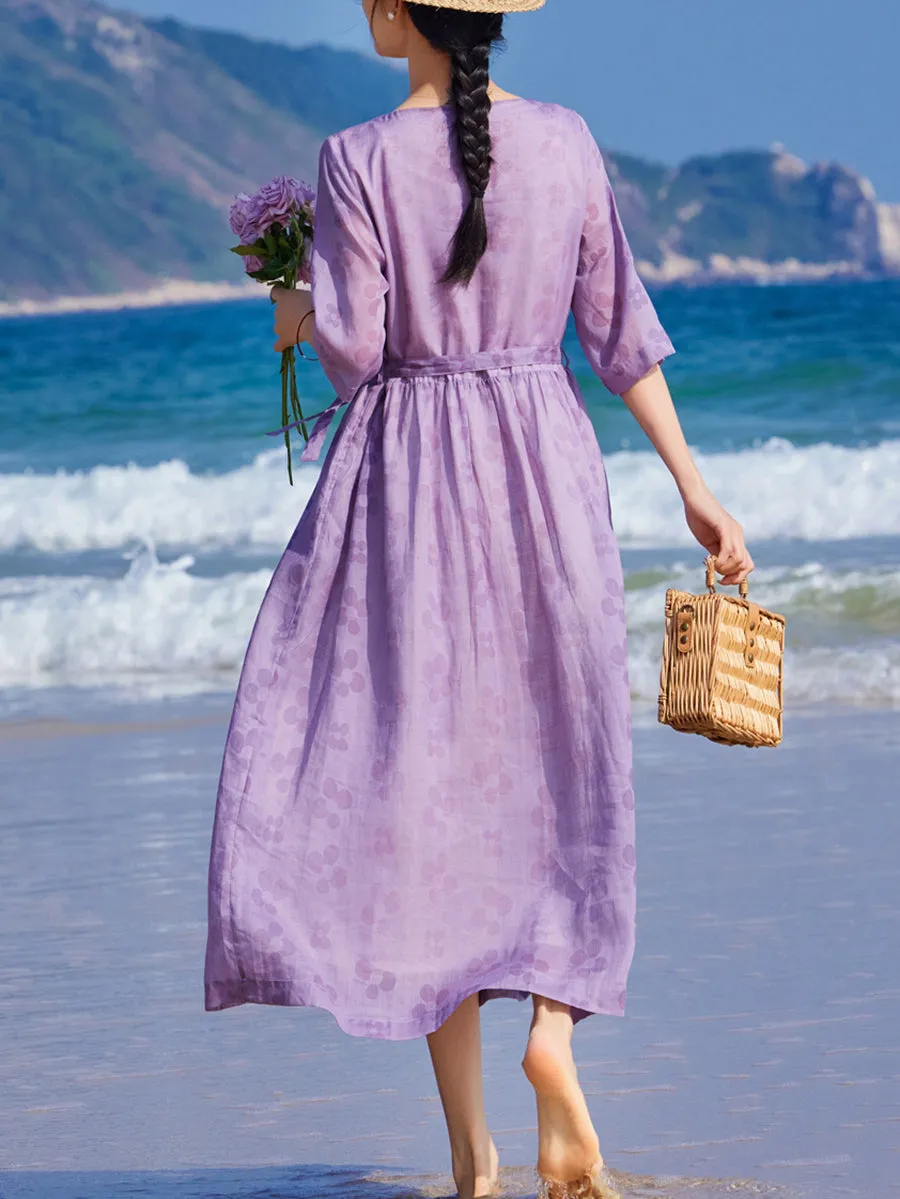 Women Summer Flower V-Neck Ramie Loose Dress
