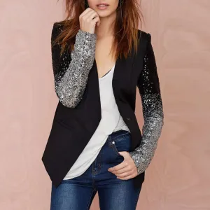 Women Thin Jacket Coat Spring Autumn Long Sleeve Lapel Fashion Silver Black Sequin Elegant Slim Work Blazers Suit