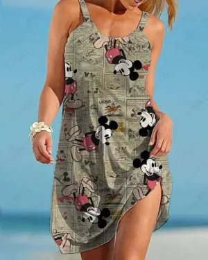 Women's Boho Disney Mickey Mouse Dresses Women's Elegant Dresses Women's Dresses Slings Sleeveless Beach Dresses Loose Sexy