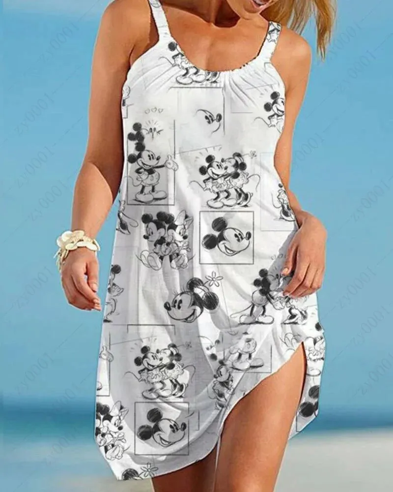 Women's Boho Disney Mickey Mouse Dresses Women's Elegant Dresses Women's Dresses Slings Sleeveless Beach Dresses Loose Sexy