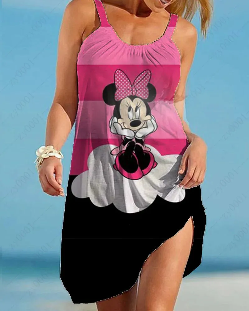Women's Boho Disney Mickey Mouse Dresses Women's Elegant Dresses Women's Dresses Slings Sleeveless Beach Dresses Loose Sexy
