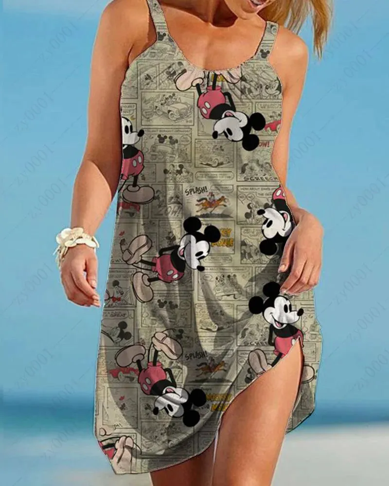Women's Boho Disney Mickey Mouse Dresses Women's Elegant Dresses Women's Dresses Slings Sleeveless Beach Dresses Loose Sexy