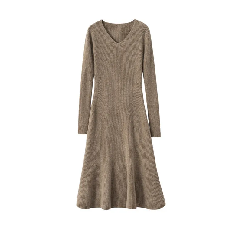 Women's Cashmere Dresses Long V Neck Cashmere Dresses