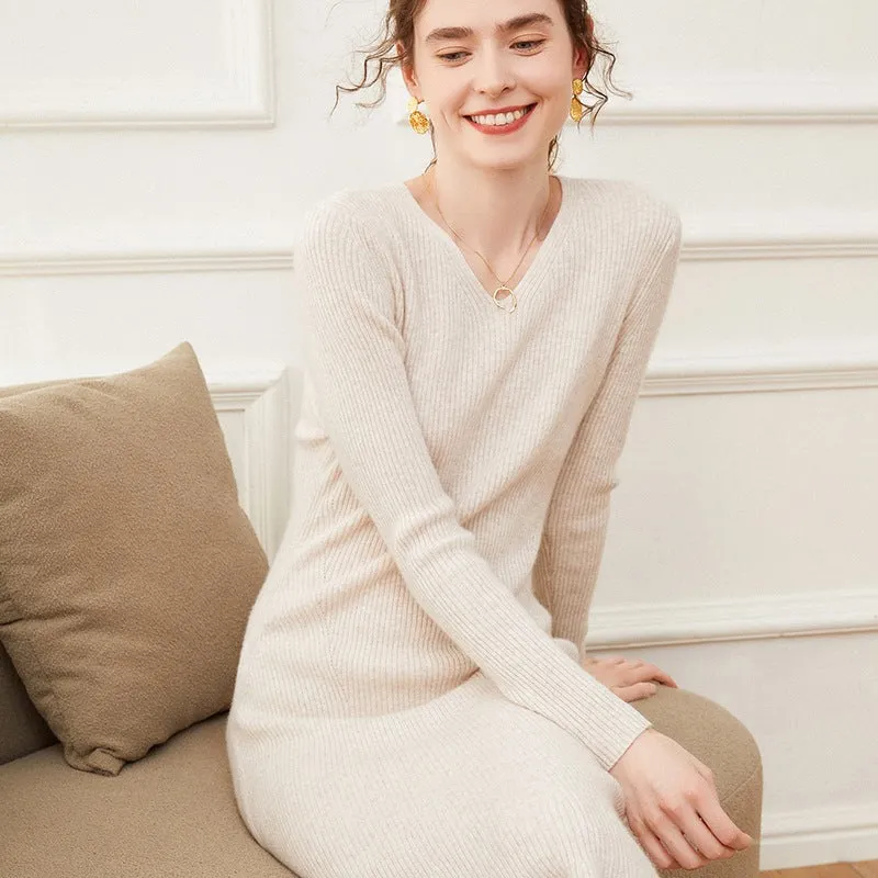 Women's Cashmere Dresses Long V Neck Cashmere Dresses