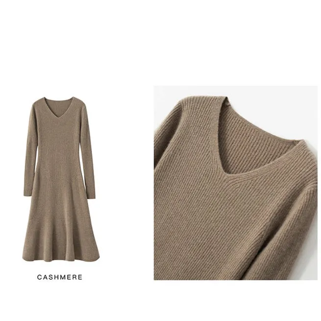 Women's Cashmere Dresses Long V Neck Cashmere Dresses