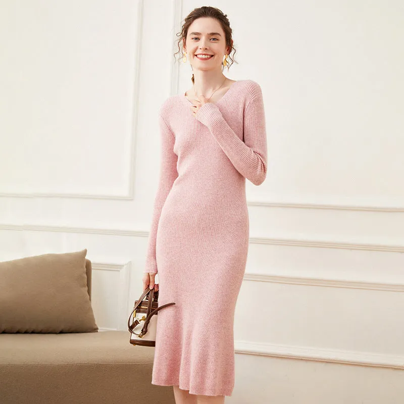 Women's Cashmere Dresses Long V Neck Cashmere Dresses