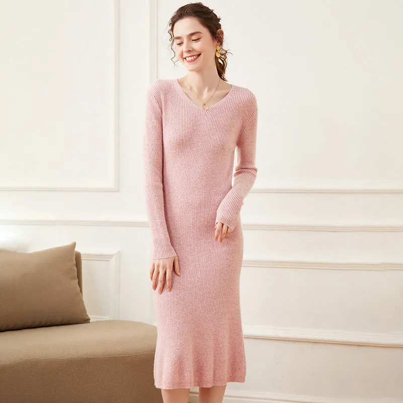 Women's Cashmere Dresses Long V Neck Cashmere Dresses