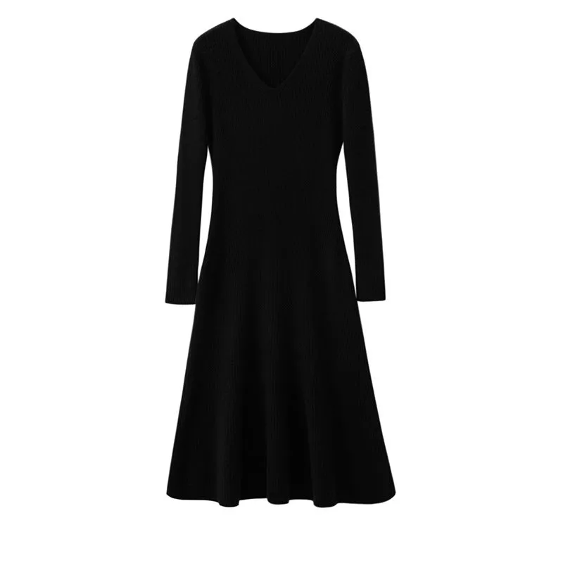 Women's Cashmere Dresses Long V Neck Cashmere Dresses