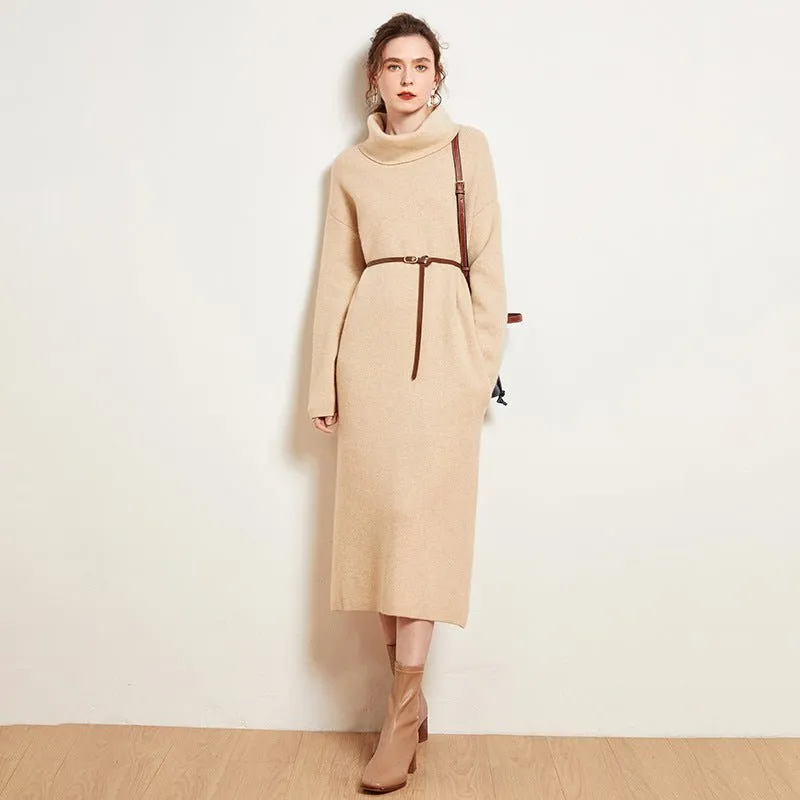 Womens Cashmere Knit Midi Dress Long Sleeve Cowl Neck Turtleneck Dress