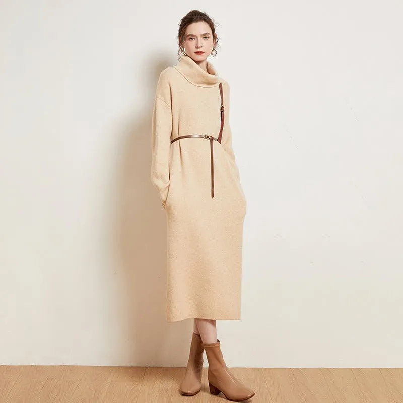 Womens Cashmere Knit Midi Dress Long Sleeve Cowl Neck Turtleneck Dress