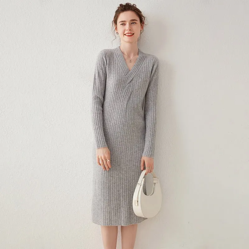 Womens Cashmere Ribbed Knit Midi Dress Long Sleeve V Neck Wrap Dress
