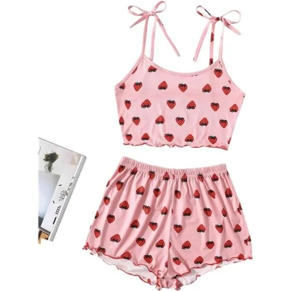 Women's Summer Strawberry Print Cami Top and Shorts Sleepwear Pajamas Set