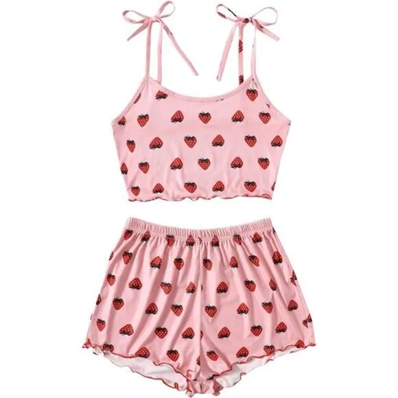 Women's Summer Strawberry Print Cami Top and Shorts Sleepwear Pajamas Set