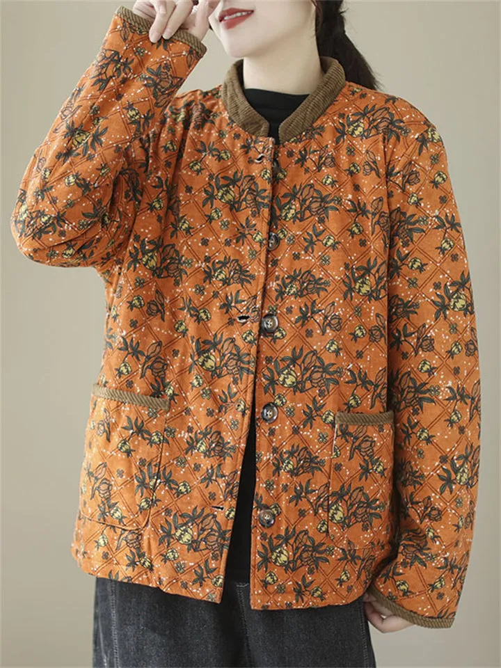 Women's Vintage Stand Collar Button Mini Floral Print Cotton Coat