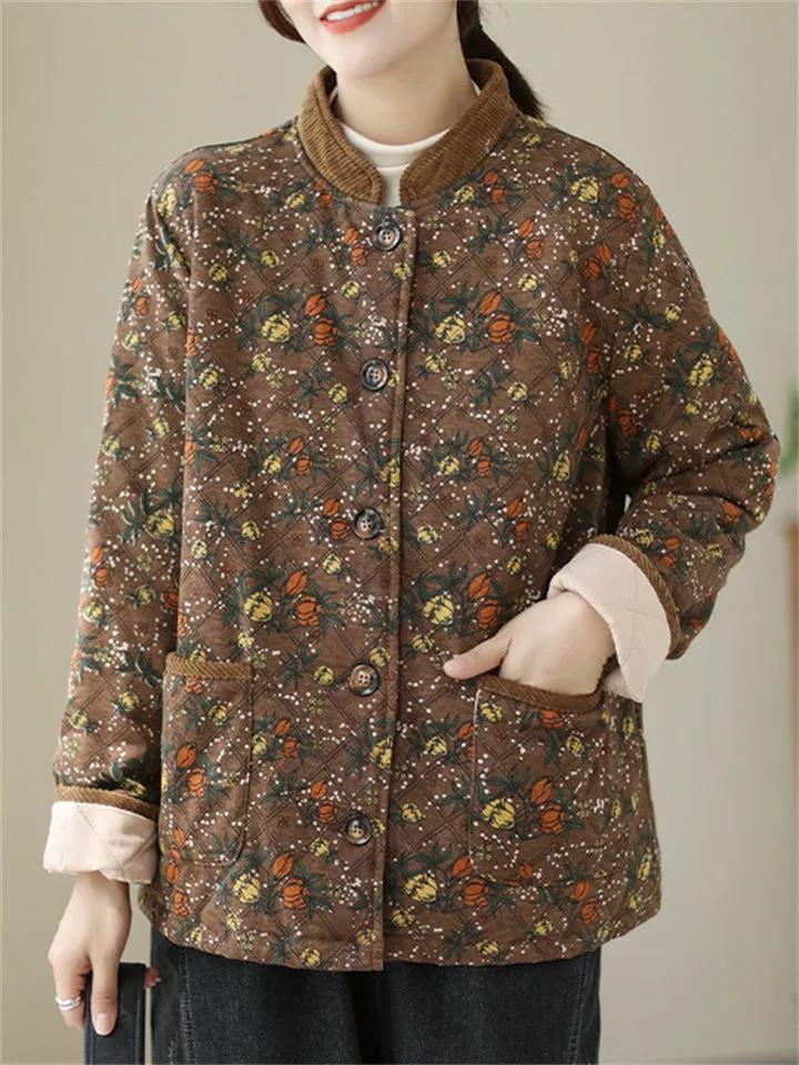 Women's Vintage Stand Collar Button Mini Floral Print Cotton Coat