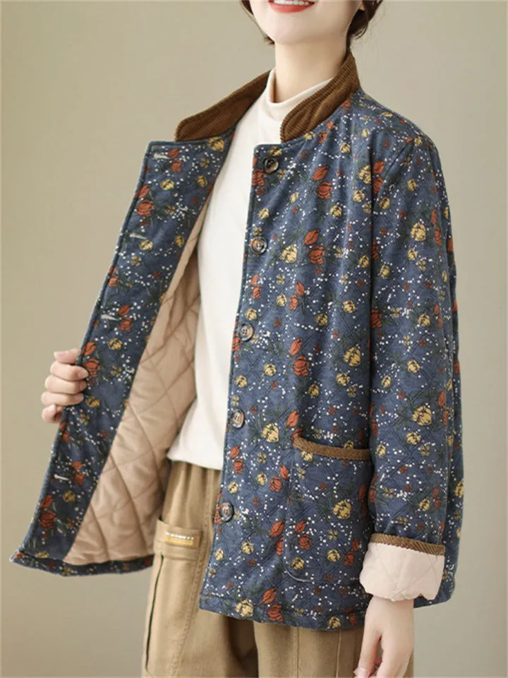 Women's Vintage Stand Collar Button Mini Floral Print Cotton Coat
