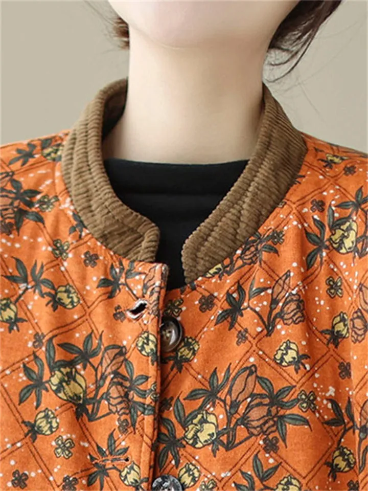 Women's Vintage Stand Collar Button Mini Floral Print Cotton Coat