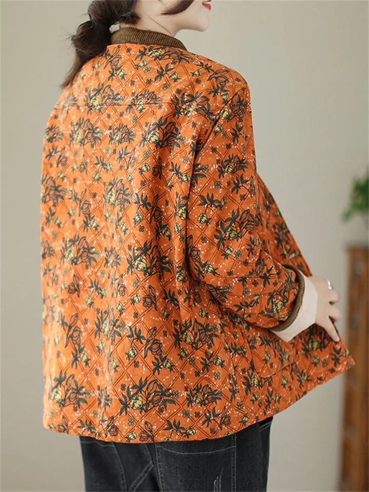 Women's Vintage Stand Collar Button Mini Floral Print Cotton Coat