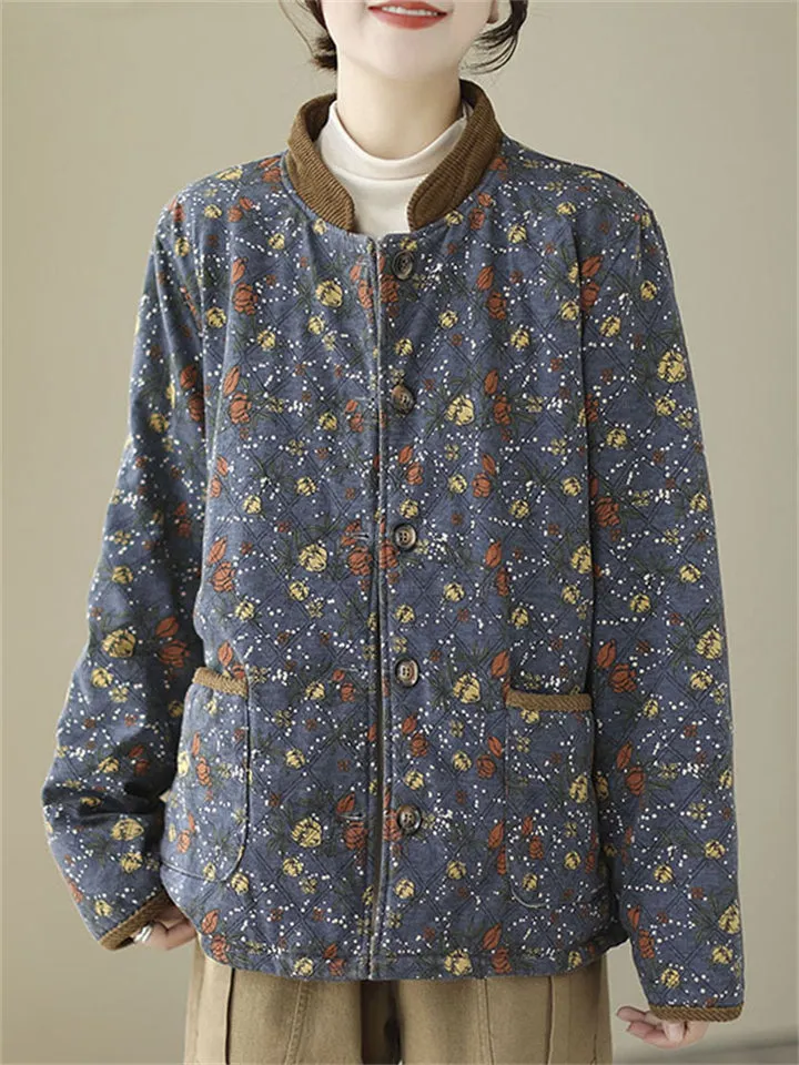 Women's Vintage Stand Collar Button Mini Floral Print Cotton Coat