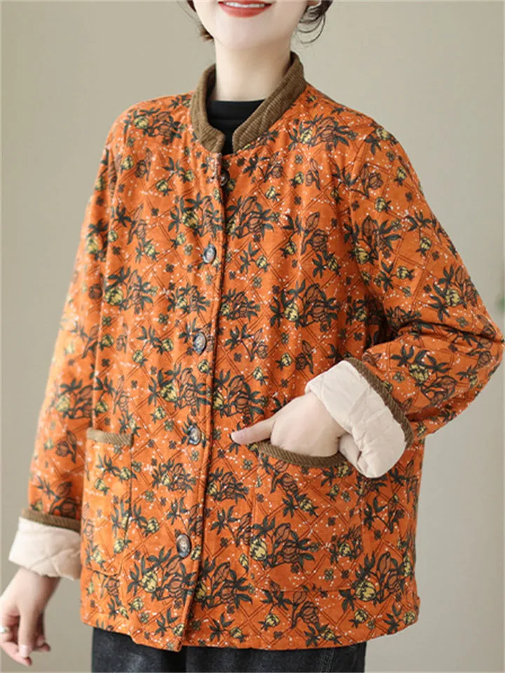 Women's Vintage Stand Collar Button Mini Floral Print Cotton Coat