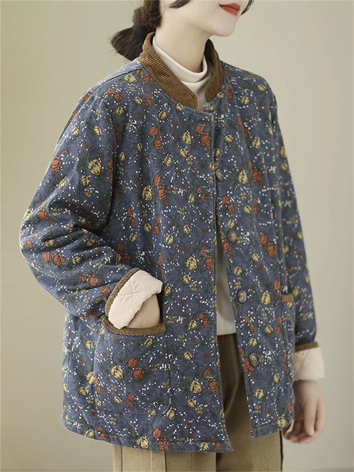 Women's Vintage Stand Collar Button Mini Floral Print Cotton Coat