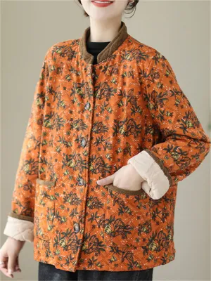 Women's Vintage Stand Collar Button Mini Floral Print Cotton Coat